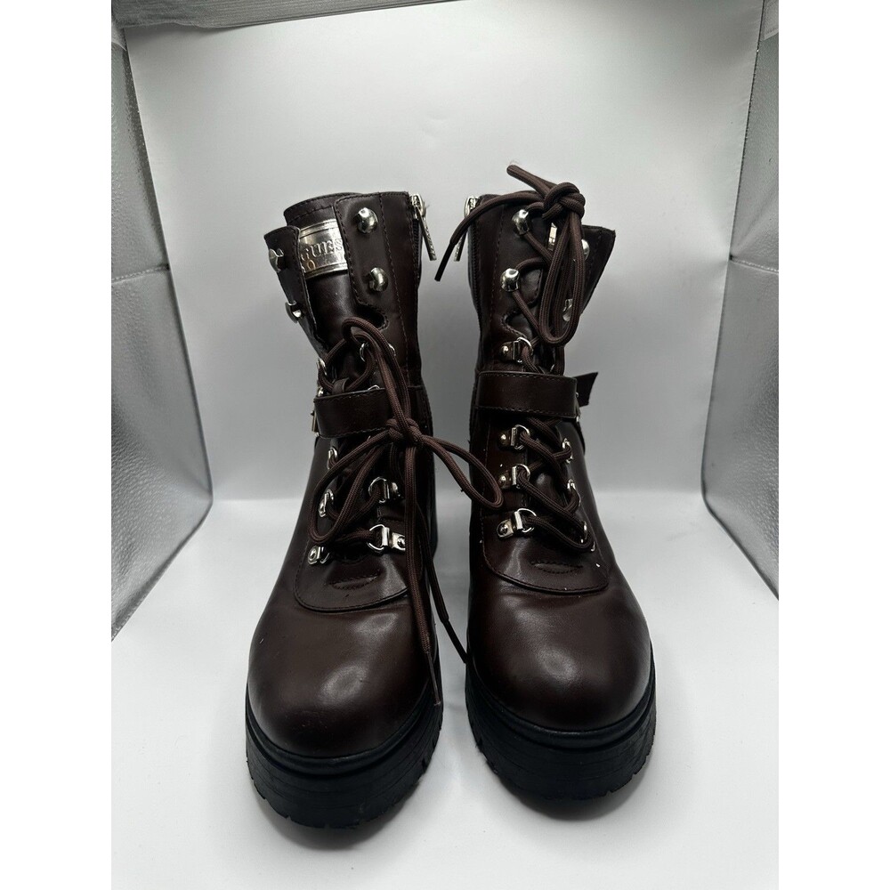 GUESS Women's Sz 9M Brown Leather Hiker Combat Platform Boots Lug Sole Buckle